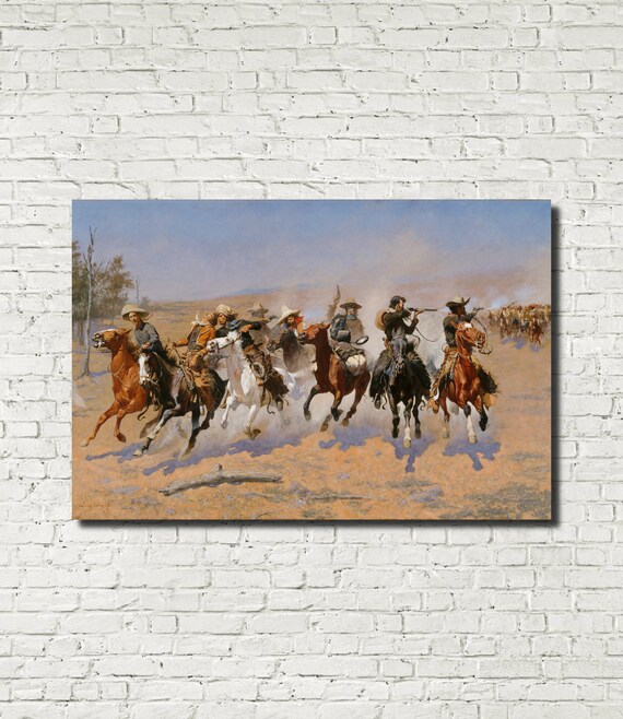 Cowboys Painting, Frederic Remington, A Dash for the Timber, Wild West Landscape, Horse Riders in Western Landscape