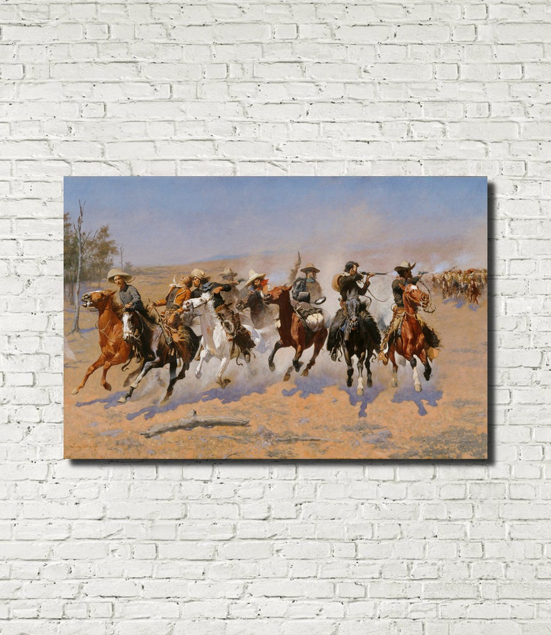 May include: A framed Western-themed painting depicts a group of cowboys on horseback, riding across a dusty plain. The cowboys are dressed in traditional attire, and some are holding rifles. The color palette includes browns, tans, and blues, creating a sense of the American West.