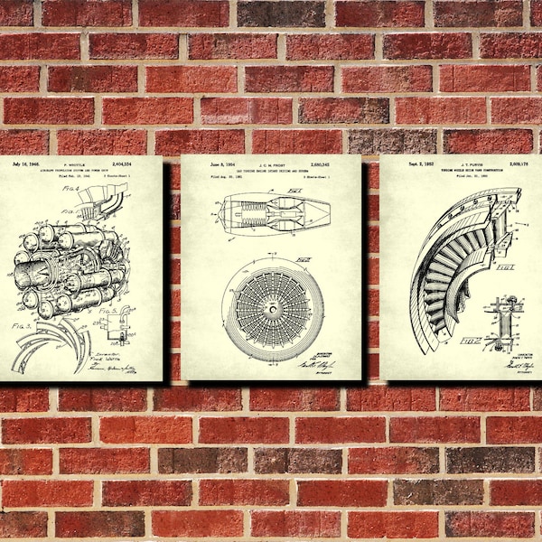 Juego de impresiones de patentes de motor de avión 3 carteles de aviación Jet