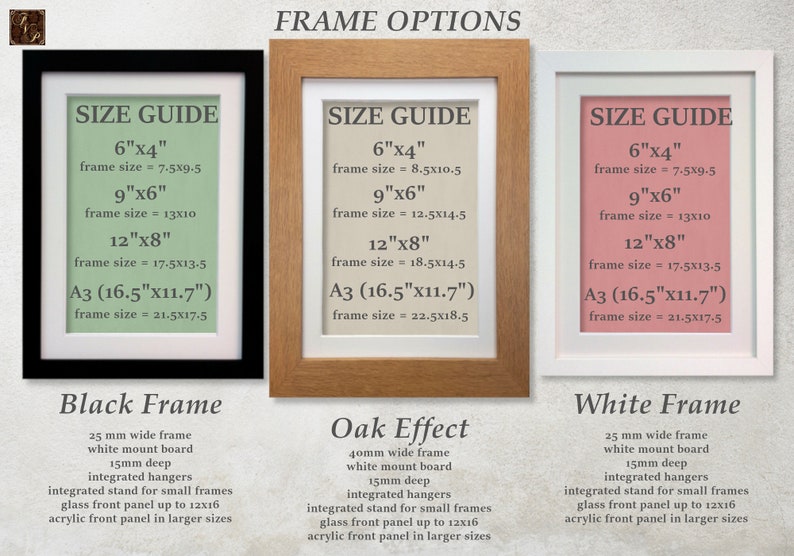 May include: Three framed art options: black, oak effect, and white. Each frame displays a size guide with dimensions in inches, including 6"x4", 9"x6", 12"x8", and A3 (16.5"x11.7"). Frame details are listed below each frame.