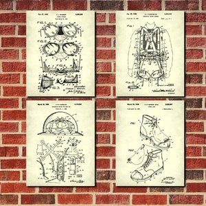 Safety Equipment Patent Prints Set 4 Construction Poster, Boots, Goggles, Harness, Hard Hat