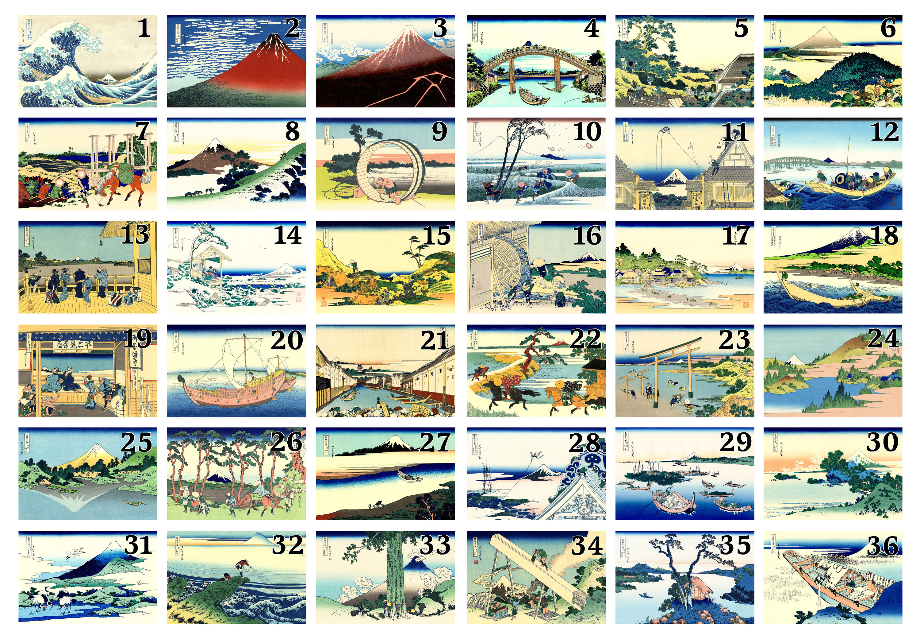 36 Views of Mount Fuji, Complete Set 36 Framed Wall Art