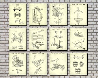 Gym Posters, Set 12 Weight Lifting Patent Prints, Fitness Training Wall Art