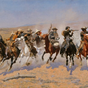 May include: An oil painting depicts a group of cowboys on horseback, chasing cattle. The cowboys are wearing hats and riding horses of various colors. The scene is set in a desert landscape with a blue sky.