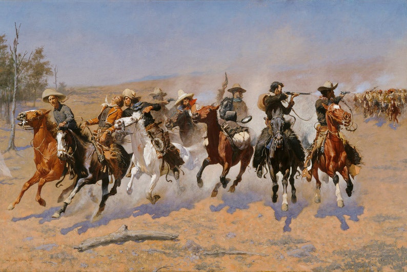 May include: An oil painting depicts a group of cowboys on horseback, chasing cattle. The cowboys are wearing hats and riding horses of various colors. The scene is set in a desert landscape with a blue sky.