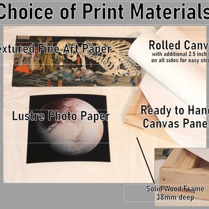 May include: Image showcasing print material options. Includes Textured Fine Art Paper with a detailed illustration, Lustre Photo Paper with a planet image, and Rolled Canvas with a 2.5-inch border. A Ready to Hang Canvas Panel is also shown, with a Solid Wood Frame, 38mm deep.