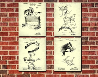 Horse Riding Patent Prints Set 4 Equestrian Decor Wall Art Posters