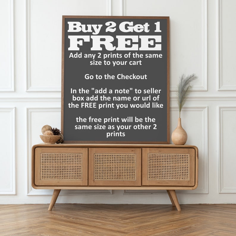May include: A framed print with the text "Buy 2 Get 1 FREE" on a dark gray background. The print is displayed on a light wood cabinet with woven door panels. A decorative vase and dried plant are on the cabinet.