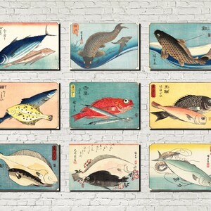 Japanese Art, Fish Prints Set 9 Hiroshige Fisherman Gift Restaurant Decor, Ukiyo-e