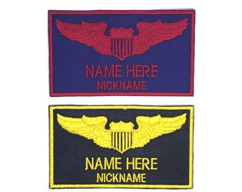 Custom Flight Suite Name and Nickname Embroidered Iron On Patch or Hook Fastener Available