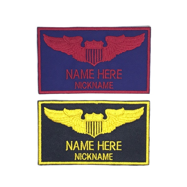 Custom Flight Suite Name and Nickname Embroidered Iron On Patch or Hook Fastener Available