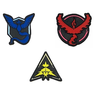 May include: Three embroidered patches featuring Pokemon characters. The first patch is blue and features the Pokemon Articuno. The second patch is red and features the Pokemon Moltres. The third patch is yellow and features the Pokemon Zapdos.