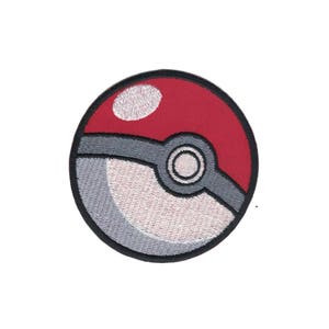 May include: Red and white embroidered patch of a Pokeball, a round ball with a red top and a white bottom with a black circle in the center.
