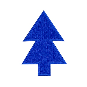May include: A blue felt Christmas tree patch. The tree is a simple silhouette with a pointed top and a trunk.