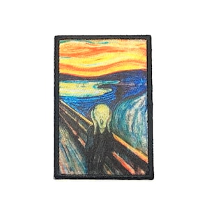May include: A black framed embroidered patch featuring a colorful rendition of Edvard Munch's iconic painting "The Scream".