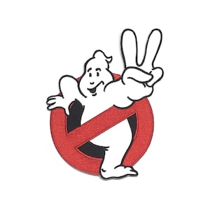 May include: A red and black embroidered patch featuring the Ghostbusters logo. A white ghost with a peace sign hand gesture is inside the logo.