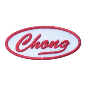 May include: Red embroidered patch with the word "Chong" in a white oval.