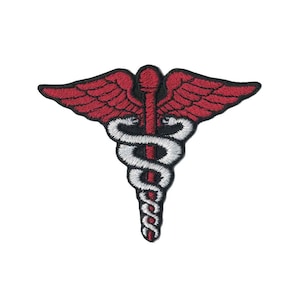 May include: Red and white embroidered medical symbol patch with a snake wrapped around a staff and wings.