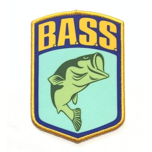 May include: A gold and blue embroidered patch with the word "BASS" in yellow letters and a green and white bass fish jumping out of the water.