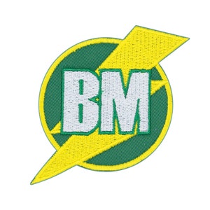 May include: Green and yellow embroidered patch with a lightning bolt and the letters "BM" in white.