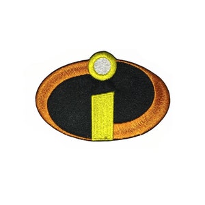 May include: An embroidered patch featuring the iconic "I" logo from the movie "The Incredibles". The logo is a stylized letter "I" in yellow, surrounded by a black circle with an orange outline.