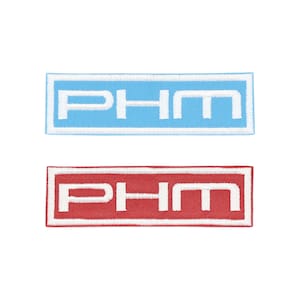 May include: Two rectangular embroidered patches. One is light blue with white trim and the letters "PHM" in white. The other is red with white trim and the letters "PHM" in white. Both patches are on a white background.