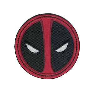 May include: Red and black embroidered patch with a white outline of Deadpool's mask.