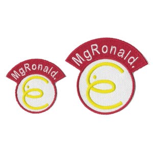 May include: Two red and white embroidered patches with the text "MgRonald." and a yellow stylized letter "C".