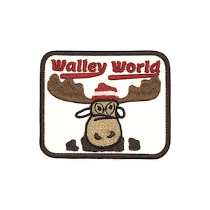 May include: A brown and white embroidered patch with a moose wearing a red and white hat and glasses. The text "Walleye World" is above the moose.