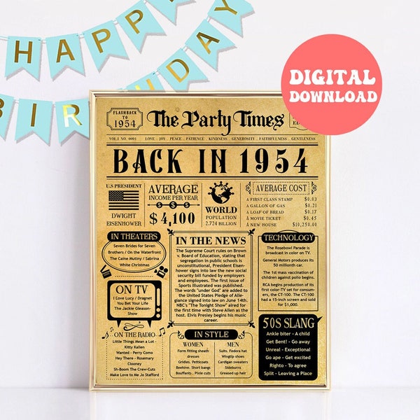 1954 The Year You Were Born PRINTABLE, Newspaper Poster, Flashback to 1954, 70th birthday printable poster, 70 Birthday gift Download