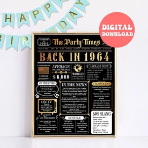 Back In 1964 Black and Gold PRINTABLE Poster, 60th birthday printable poster, 60th Birthday poster, Instant Download, 60th Anniversary Gift