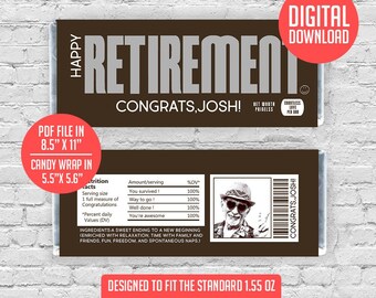 Happy Retirement Candy Bar Wrappers, Personalized printable Hershey's wrappers with name and photo, Retirement gift, party favors, Printable