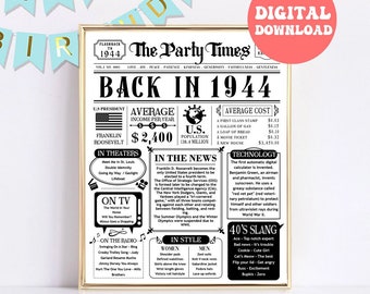 1944 The Year You Were Born PRINTABLE, The Year In Review, What Happened in 1944, 80th birthday printable poster, 80 Birthday gift Download