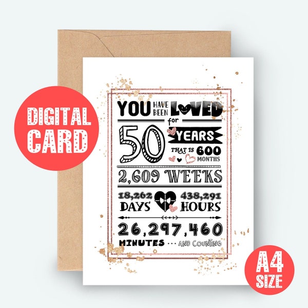 50th birthday card, You have been loved 50 years, Printable, Instant Download,Printable birthday card, 50th Birthday Greeting Card PRINTABLE