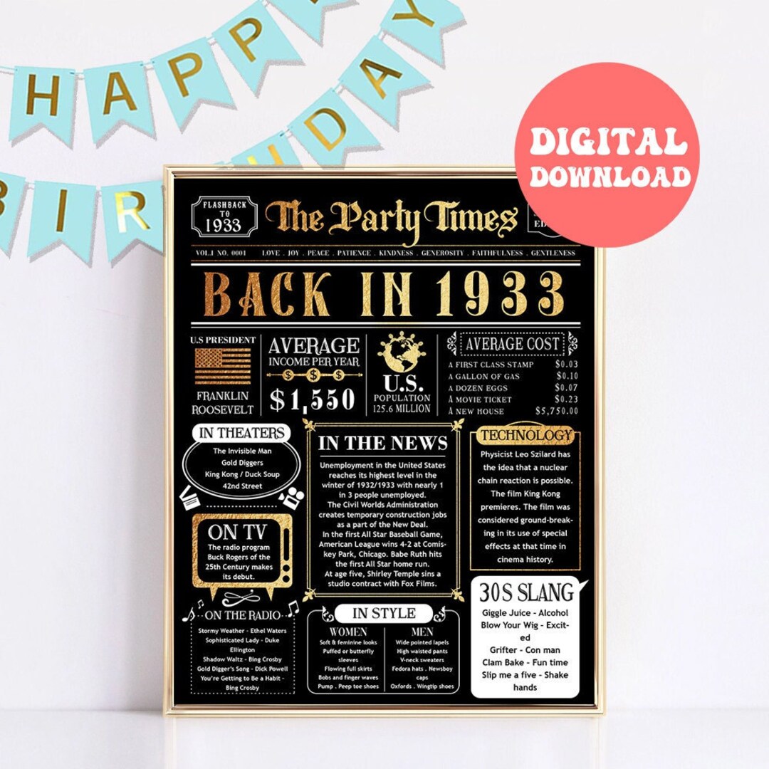 back-in-1933-black-and-gold-printable-poster-90th-birthday-etsy