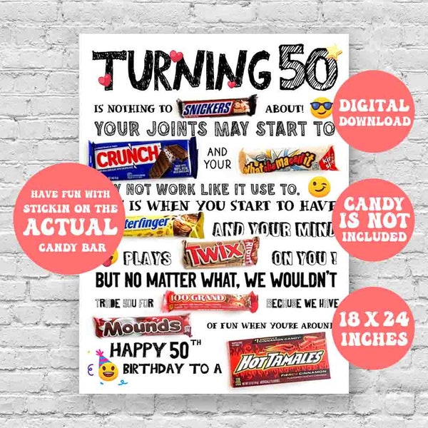 50th Birthday Candy Poster, 50th Birthday Birthday Candy Sign,Candygram , Instant Download,Printable Funny Birthday Decoration, digital file