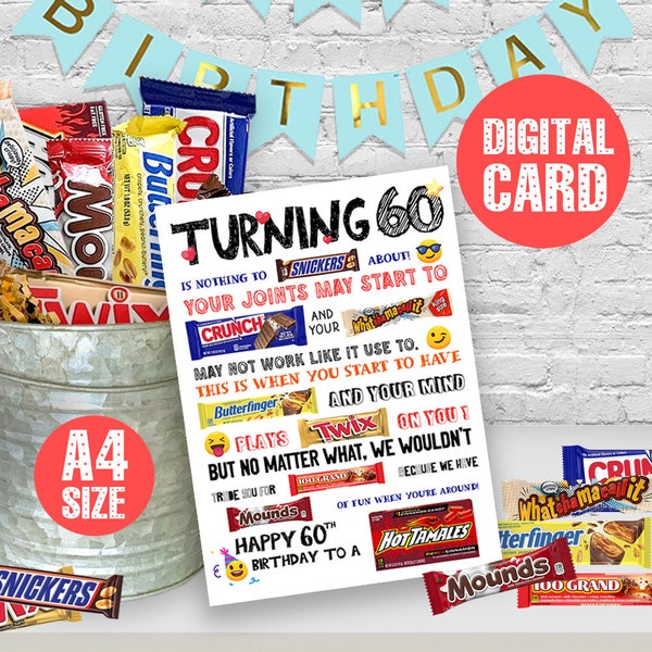 Turning 60 PRINTABLE Birthday Candy Gram Card, PRINTABLE 60th Birthday Card, 60th Birthday Candygram, Instant Download, digital file