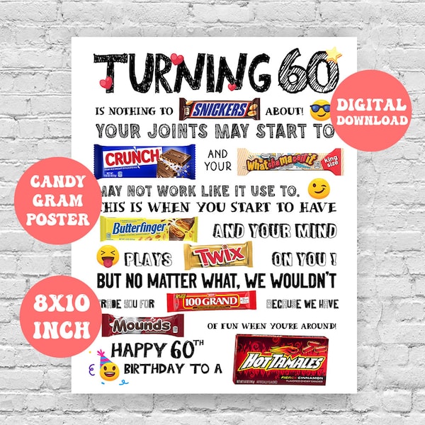 60th Birthday Candy Poster, 60th Birthday Birthday Candy Sign,Candygram , Instant Download,Printable Funny Birthday Decoration, digital file