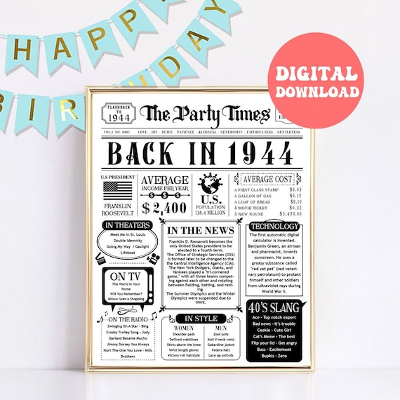 1944 the Year You Were Born PRINTABLE, the Year in Review, What Happened in  1944, 80th Birthday Printable Poster, 80 Birthday Gift Download - Etsy