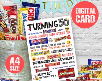 Turning 50 PRINTABLE Birthday Candy Gram Card, PRINTABLE 50th Birthday Card, 50th Birthday Candygram, Instant Download, digital file