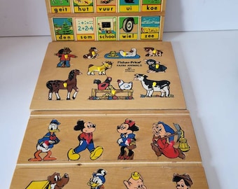 Set of two wooden puzzles and wooden reading board
