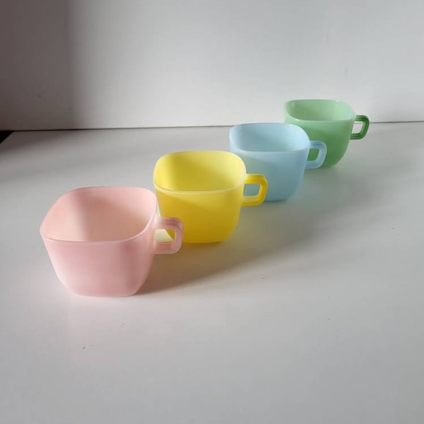 Opale France mugs, bowls pink, blue, yellow, green