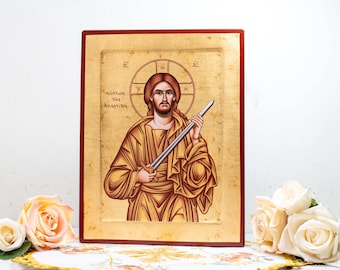 Icono de Jesucristo cortando el pecado, hecho a mano en pan de oro con acabado antiguo.