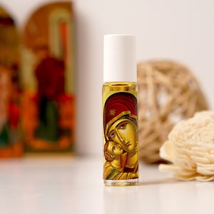 Orthodox anointing oil  Myrrh in Roll on With Virgin Mary Sweet kisses – from Tinos the Holy island, Gift of faith, hope.