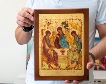 Holy Trinity Icon Depiction by Rublev  Gold Leaf Handmade Icon from Greece