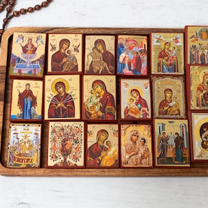 pocket Christian Icon with Virgin Mary Random selection (1Pcs) - Handmade Wooden Icon on Gold Background With amazing detail Approx. 4x5 cm.
