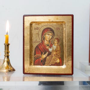 Virgin Mary The Healer Icon: Handmade Wooden Aged Icon with Gold Leaf