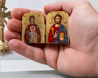 Pequeño díptico de madera con Jesucristo y la Virgen María (tsampika), icono ortodoxo griego, decoración para el hogar, regalo ortodoxo.