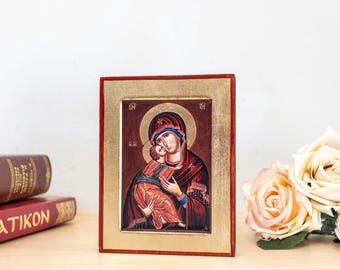 Virgen María Glykofilousa (Vladimir) Serigrafía en pan de oro Icono ortodoxo de madera