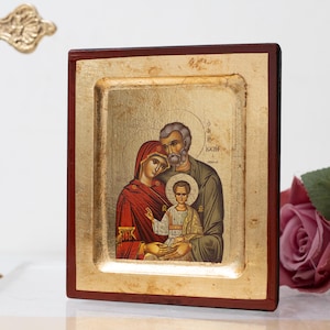 Handmade Holy Family Icon: Wooden Aged Icon with Gold Leaf